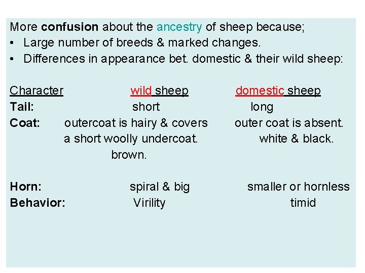 More confusion about the ancestry of sheep because; • Large number of breeds &