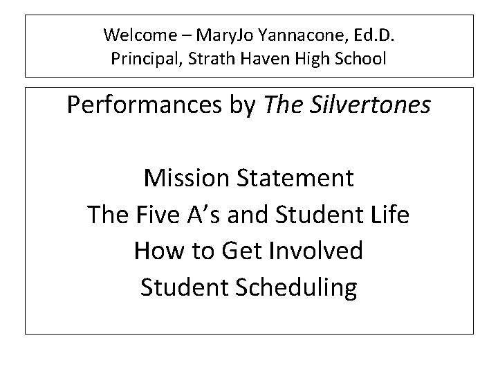 Welcome – Mary. Jo Yannacone, Ed. D. Principal, Strath Haven High School Performances by