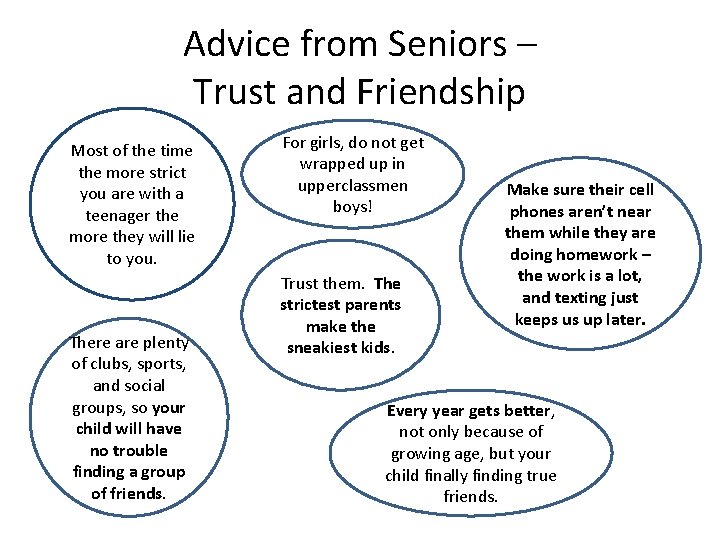 Advice from Seniors – Trust and Friendship Most of the time the more strict
