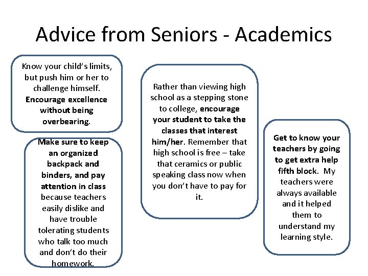 Advice from Seniors - Academics Know your child’s limits, but push him or her