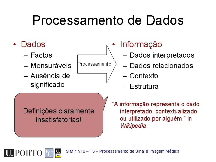 Processamento de Dados • Dados • Informação – Factos – Mensuráveis – Ausência de