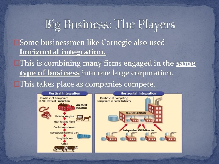 Big Business: The Players �Some businessmen like Carnegie also used horizontal integration. �This is
