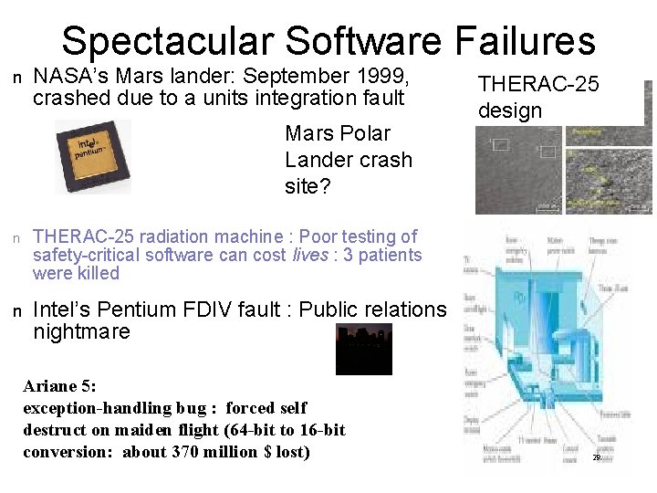 Spectacular Software Failures n NASA’s Mars lander: September 1999, crashed due to a units