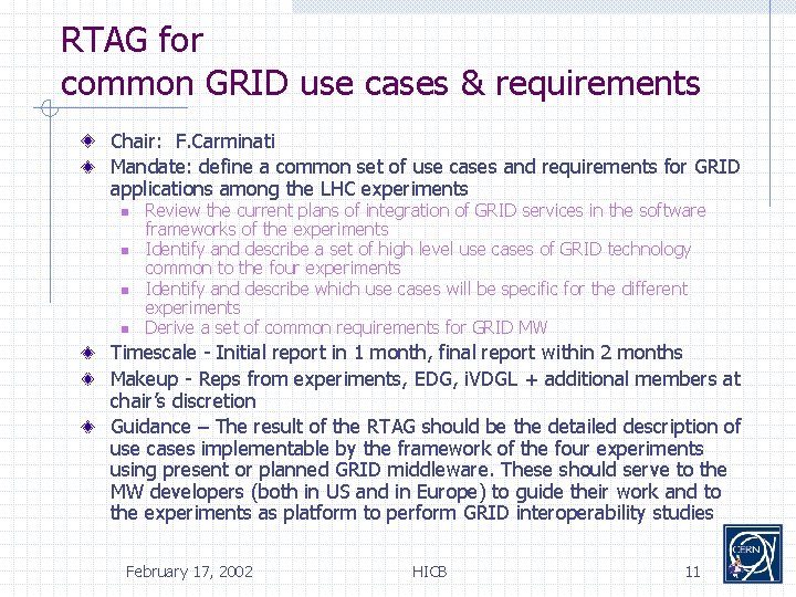 RTAG for common GRID use cases & requirements Chair: F. Carminati Mandate: define a