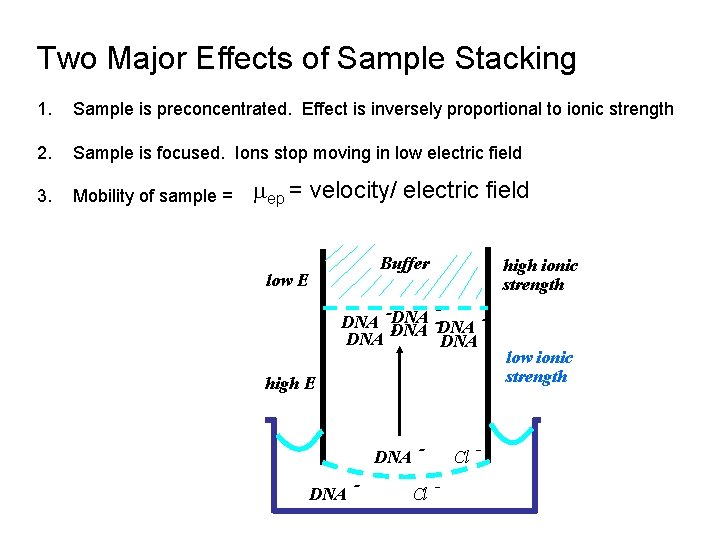 Two Major Effects of Sample Stacking 1. Sample is preconcentrated. Effect is inversely proportional