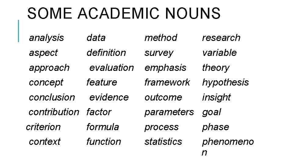 SOME ACADEMIC NOUNS analysis data method research aspect definition survey variable approach evaluation emphasis