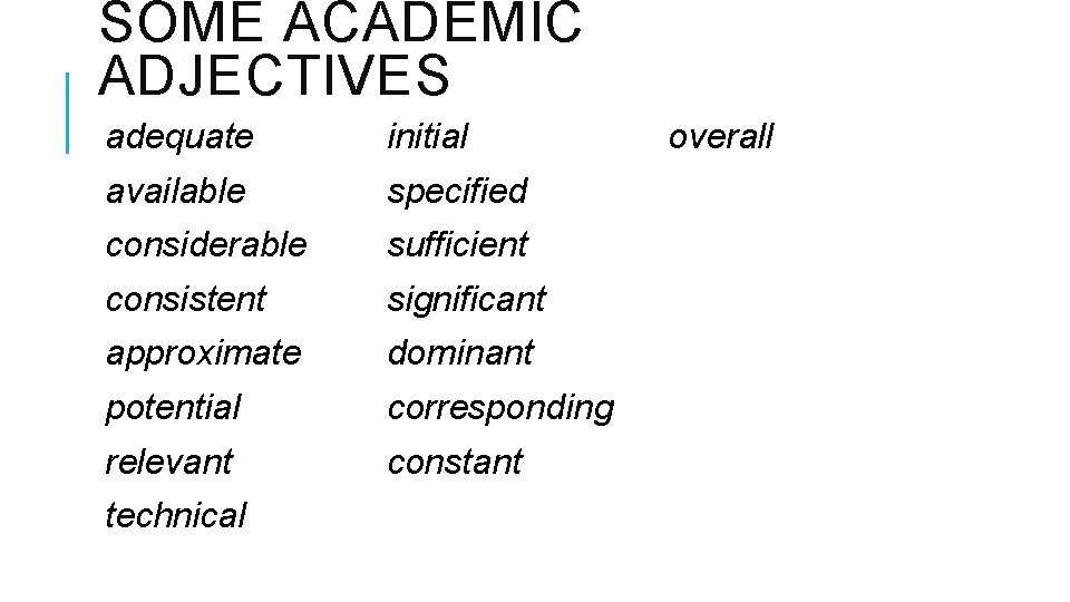SOME ACADEMIC ADJECTIVES adequate initial available specified considerable sufficient consistent significant approximate dominant potential