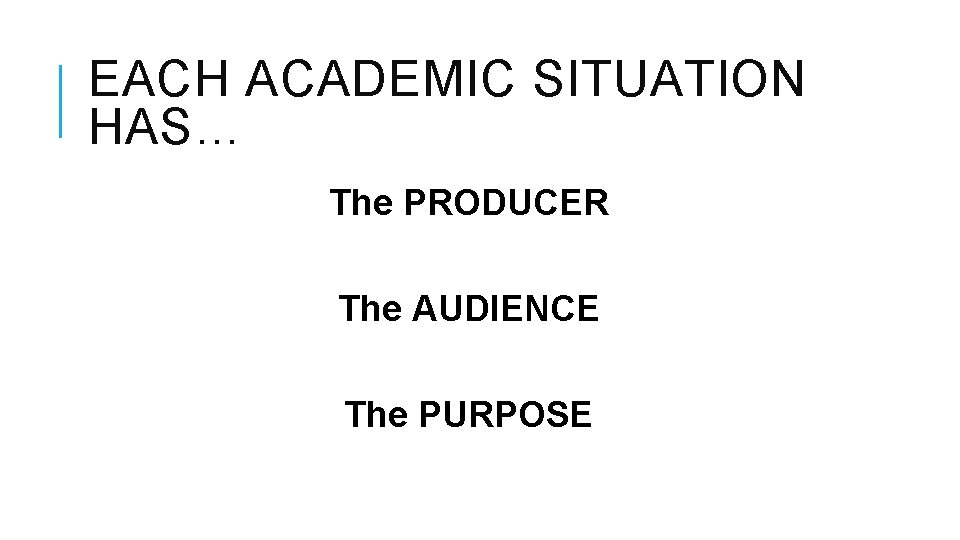 EACH ACADEMIC SITUATION HAS… The PRODUCER The AUDIENCE The PURPOSE 