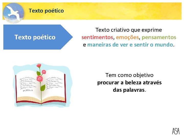 Texto poético Texto criativo que exprime sentimentos, emoções, pensamentos e maneiras de ver e