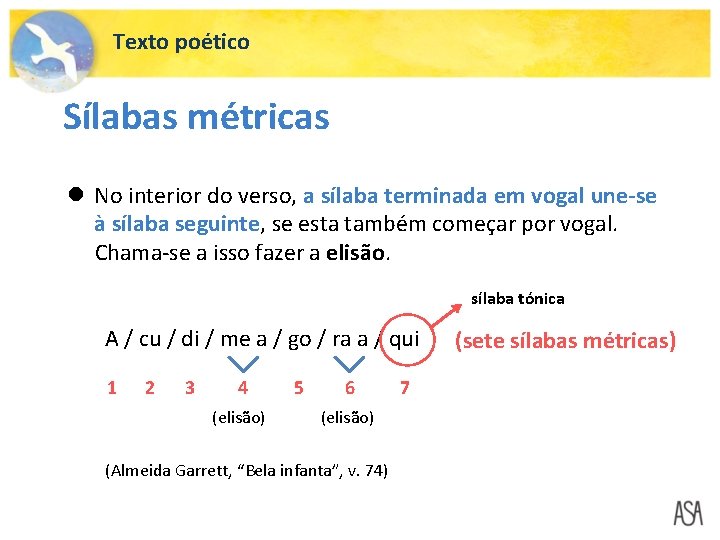 Texto poético Sílabas métricas No interior do verso, a sílaba terminada em vogal une-se