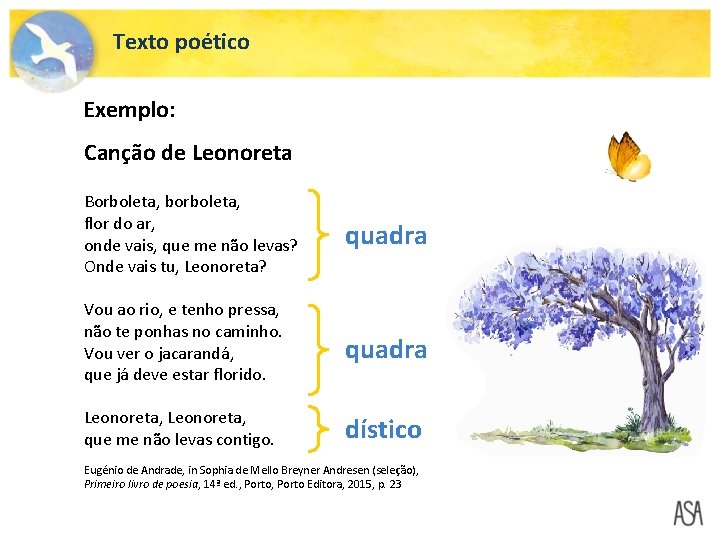 Texto poético Exemplo: Canção de Leonoreta Borboleta, borboleta, flor do ar, onde vais, que