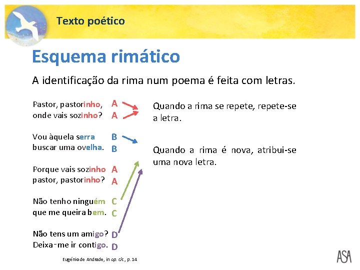 Texto poético Esquema rimático A identificação da rima num poema é feita com letras.