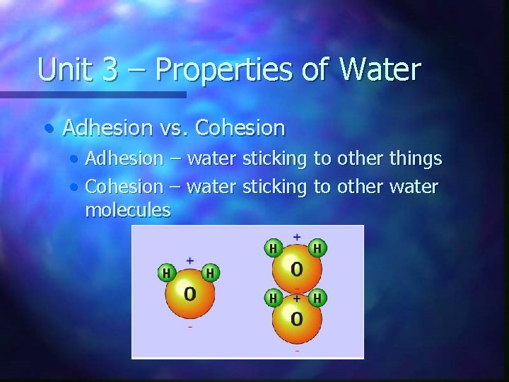 Unit 3 – Properties of Water • Adhesion vs. Cohesion • Adhesion – water