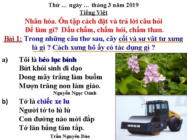 Thứ … ngày … tháng 3 năm 2019 Tiếng Việt Nhân hóa. Ôn tập