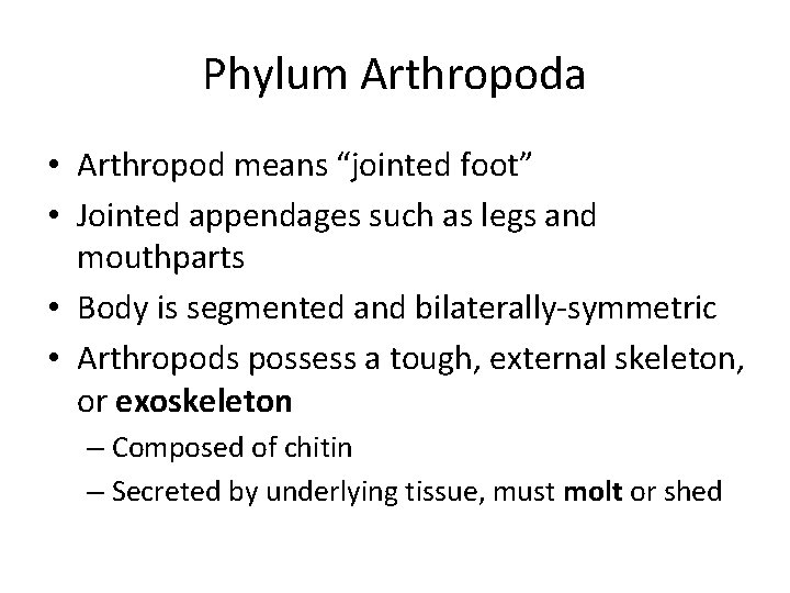 Phylum Arthropoda • Arthropod means “jointed foot” • Jointed appendages such as legs and