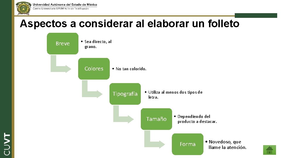 Aspectos a considerar al elaborar un folleto Breve • Sea directo, al grano. Colores