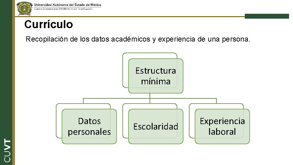 Currículo Recopilación de los datos académicos y experiencia de una persona. Estructura mínima Datos