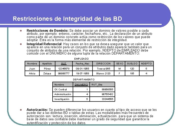 Restricciones de Integridad de las BD l l Restricciones de Dominio: Se debe asociar