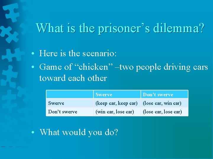 What is the prisoner’s dilemma? • Here is the scenario: • Game of “chicken”