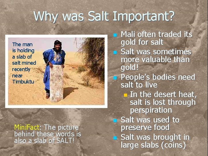 Why was Salt Important? n The man is holding a slab of salt mined