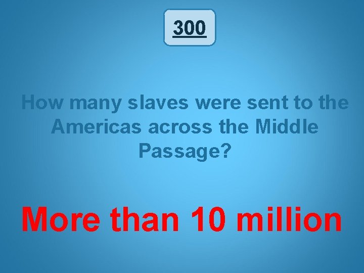 300 How many slaves were sent to the Americas across the Middle Passage? More