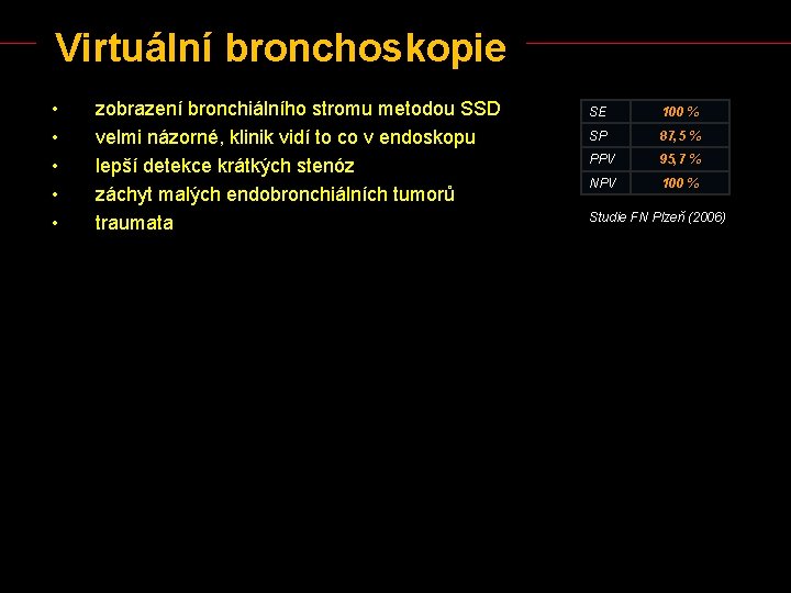 Virtuální bronchoskopie • • • zobrazení bronchiálního stromu metodou SSD velmi názorné, klinik vidí