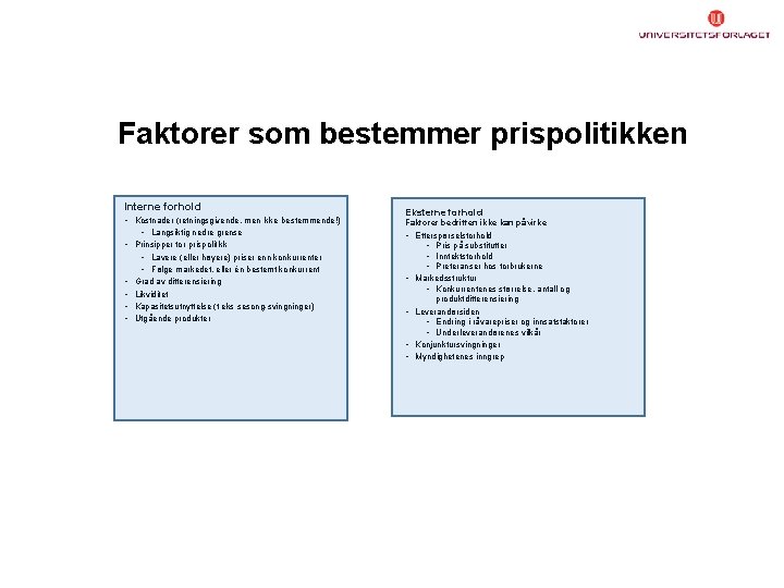 Faktorer som bestemmer prispolitikken Interne forhold • Kostnader (retningsgivende, men ikke bestemmende!) • Langsiktig