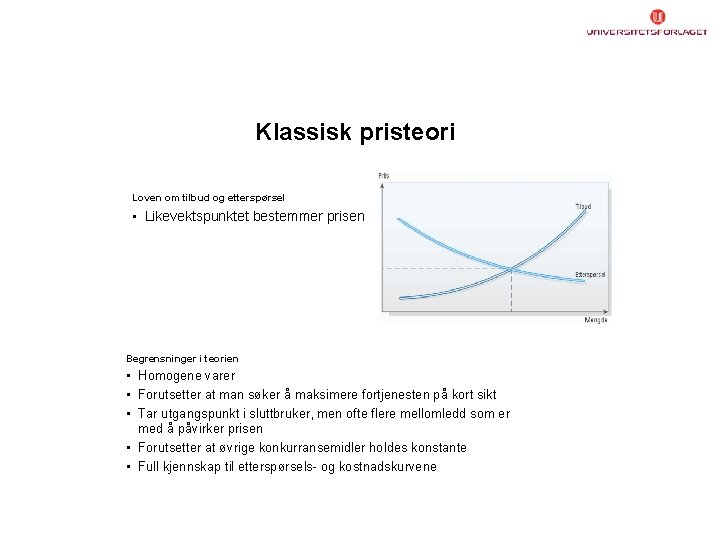 Klassisk pristeori Loven om tilbud og etterspørsel • Likevektspunktet bestemmer prisen Begrensninger i teorien