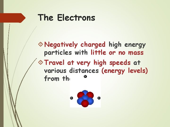 The Electrons Negatively charged high energy particles with little or no mass Travel at