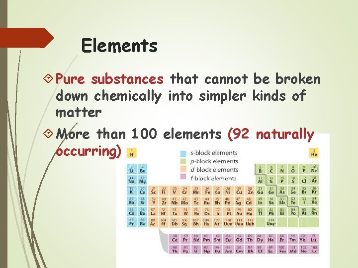 Elements Pure substances that cannot be broken down chemically into simpler kinds of matter