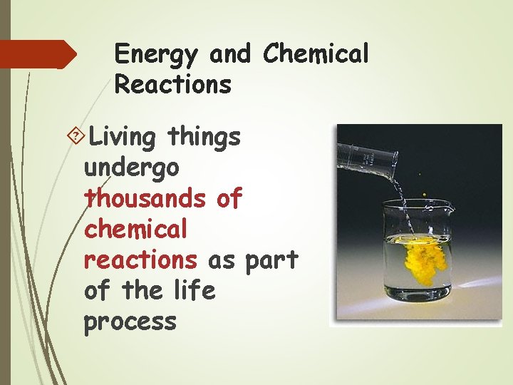 Energy and Chemical Reactions Living things undergo thousands of chemical reactions as part of
