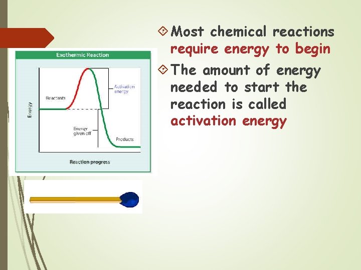  Most chemical reactions require energy to begin The amount of energy needed to