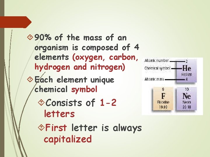  90% of the mass of an organism is composed of 4 elements (oxygen,