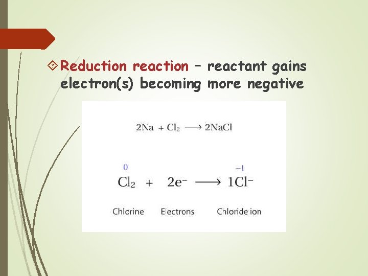  Reduction reaction – reactant gains electron(s) becoming more negative 