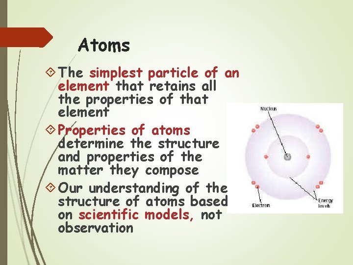 Atoms The simplest particle of an element that retains all the properties of that