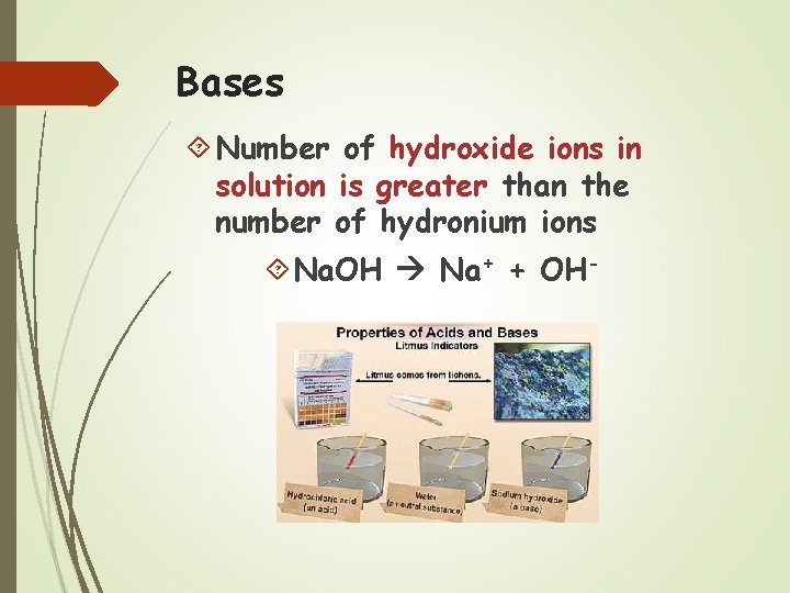 Bases Number of hydroxide ions in solution is greater than the number of hydronium