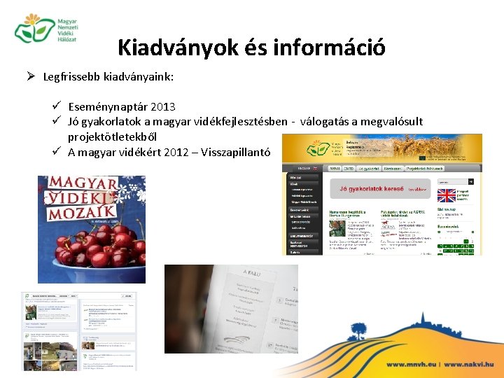 Kiadványok és információ Ø Legfrissebb kiadványaink: ü Eseménynaptár 2013 ü Jó gyakorlatok a magyar