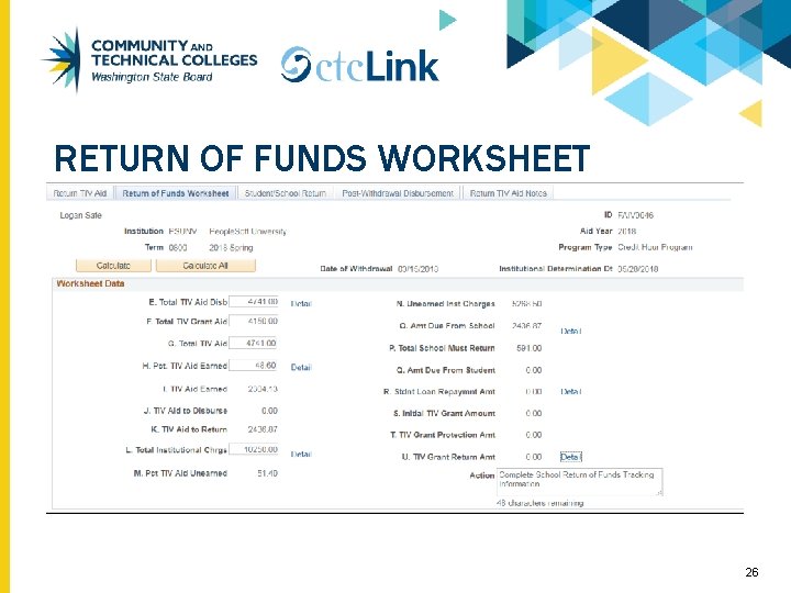 RETURN OF FUNDS WORKSHEET 26 