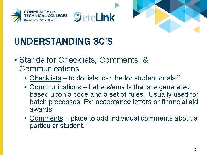 UNDERSTANDING 3 C’S • Stands for Checklists, Comments, & Communications • Checklists – to