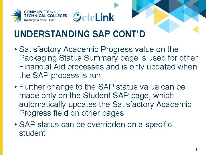 UNDERSTANDING SAP CONT’D • Satisfactory Academic Progress value on the Packaging Status Summary page