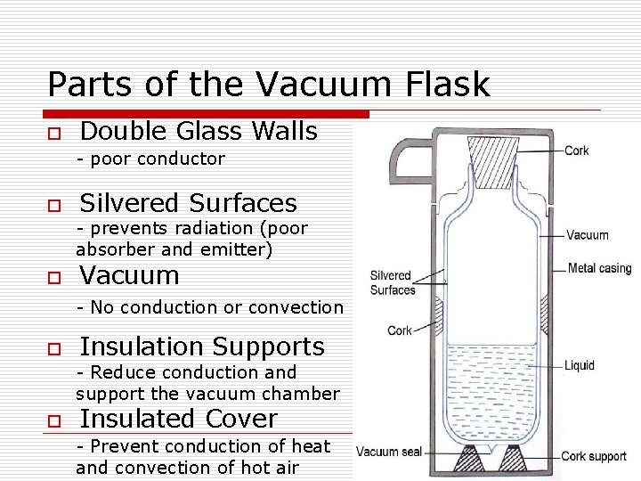Parts of the Vacuum Flask o Double Glass Walls - poor conductor o Silvered