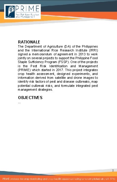 RATIONALE The Department of Agriculture (DA) of the Philippines and the International Rice Research