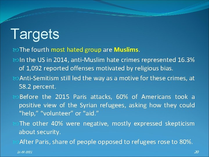 Targets The fourth most hated group are Muslims. In the US in 2014, anti-Muslim