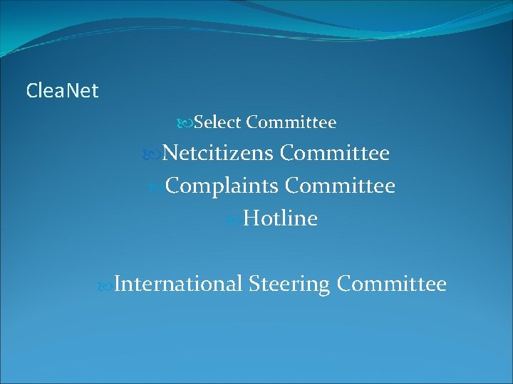 Clea. Net Select Committee Netcitizens Committee Complaints Committee Hotline International Steering Committee 
