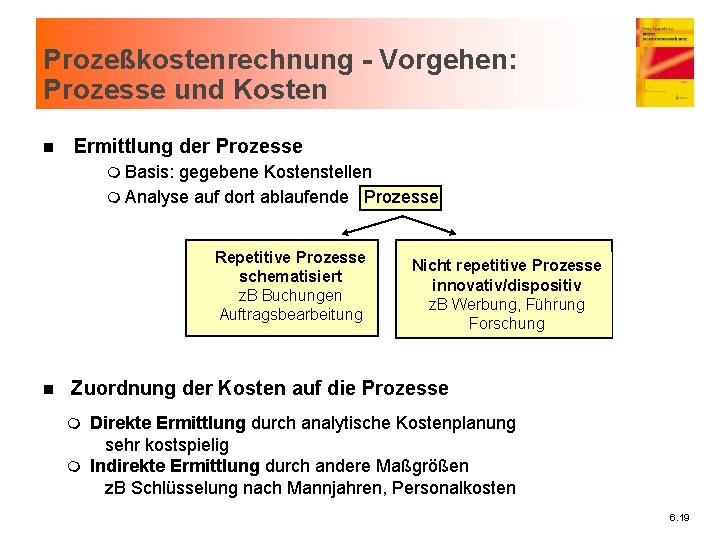 Prozeßkostenrechnung - Vorgehen: Prozesse und Kosten n Ermittlung der Prozesse m Basis: gegebene Kostenstellen