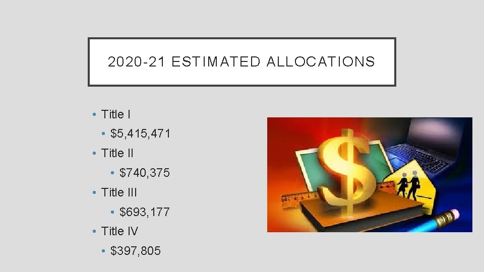 2020 -21 ESTIMATED ALLOCATIONS • Title I • $5, 415, 471 • Title II