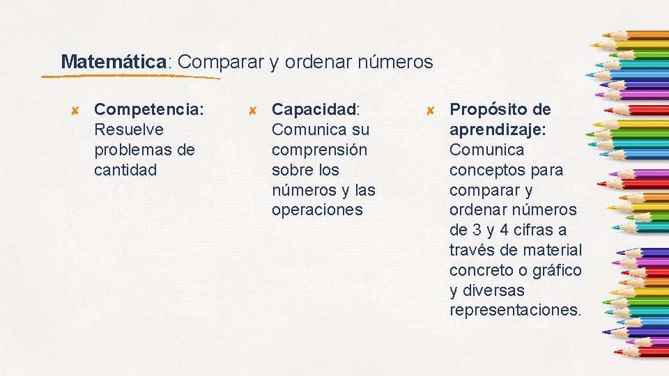 Matemática: Comparar y ordenar números ✘ Competencia: Resuelve problemas de cantidad ✘ Capacidad: Comunica