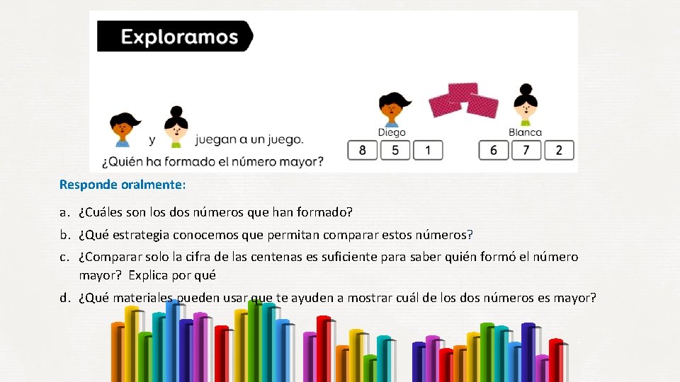 Responde oralmente: a. ¿Cuáles son los dos números que han formado? b. ¿Qué estrategia