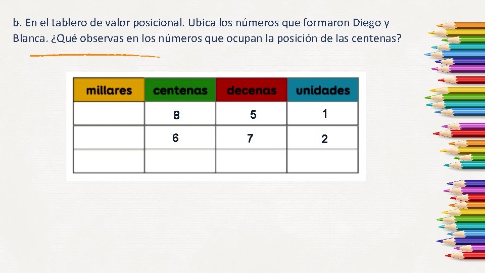 b. En el tablero de valor posicional. Ubica los números que formaron Diego y