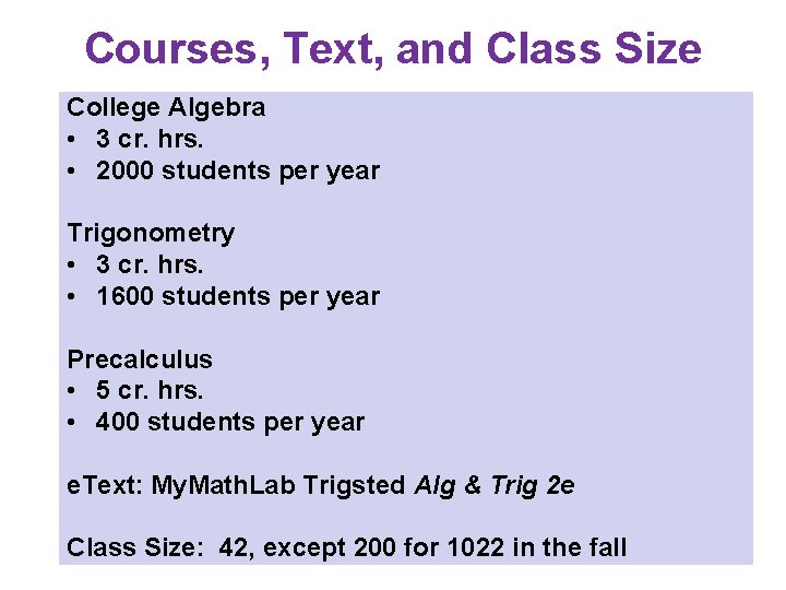 Courses, Text, and Class Size College Algebra • 3 cr. hrs. • 2000 students